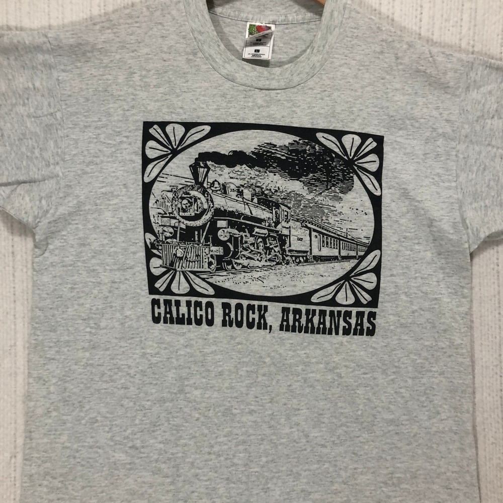 Fruit of the Loom Calico Rock Arkansas Train Graphic T-Shirt Gray Mens‎ Large